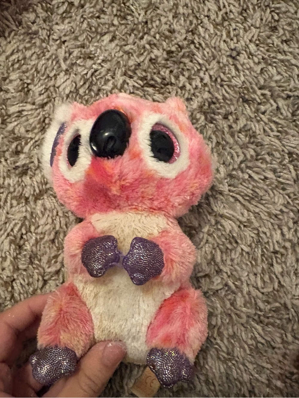 Ty Pink Plush Flamingo-Like Small Pet Toy with Purple Glitter Accents